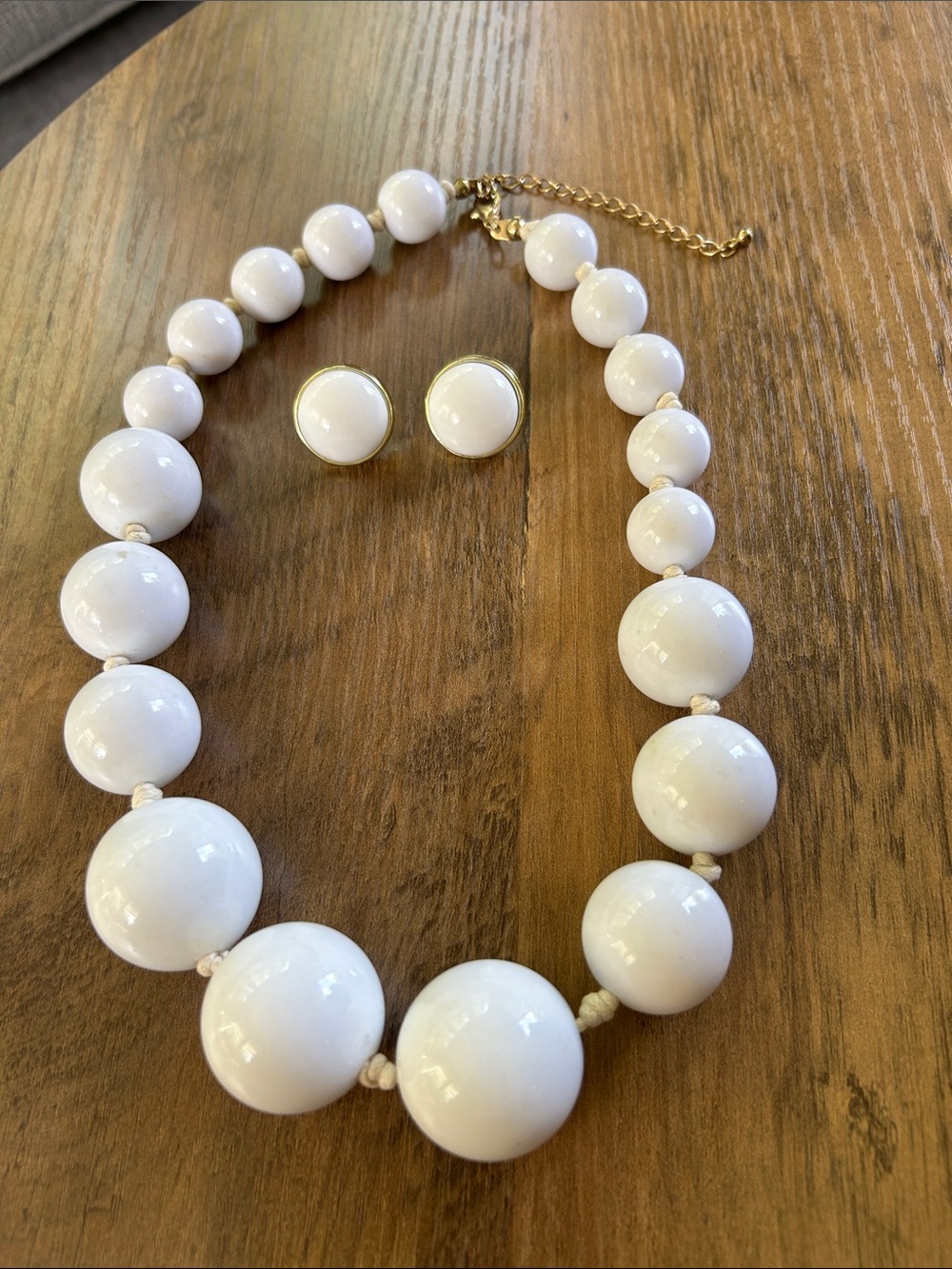 Vintage White Bead Necklace with Gold Accent Button Earrings Set